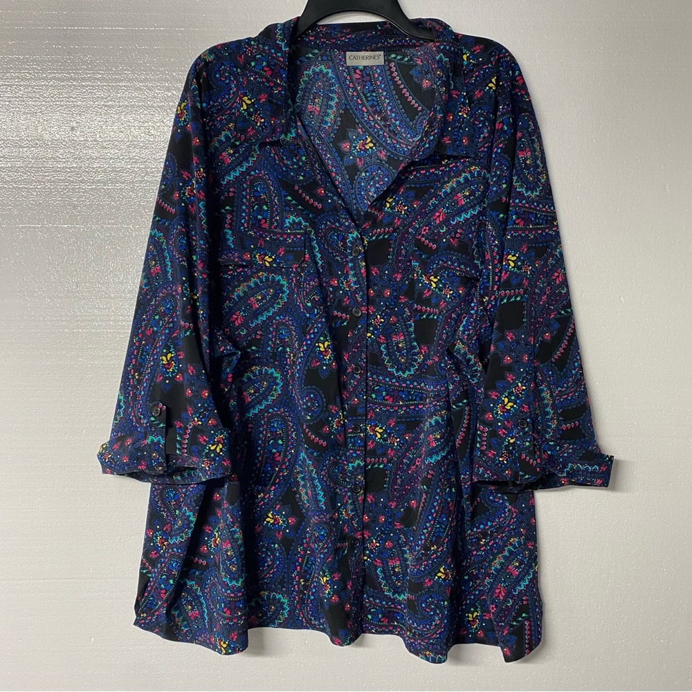 Catherines Blouse Women 30/32 Blue Colorful Floral Paisley Button Front Roll Tab